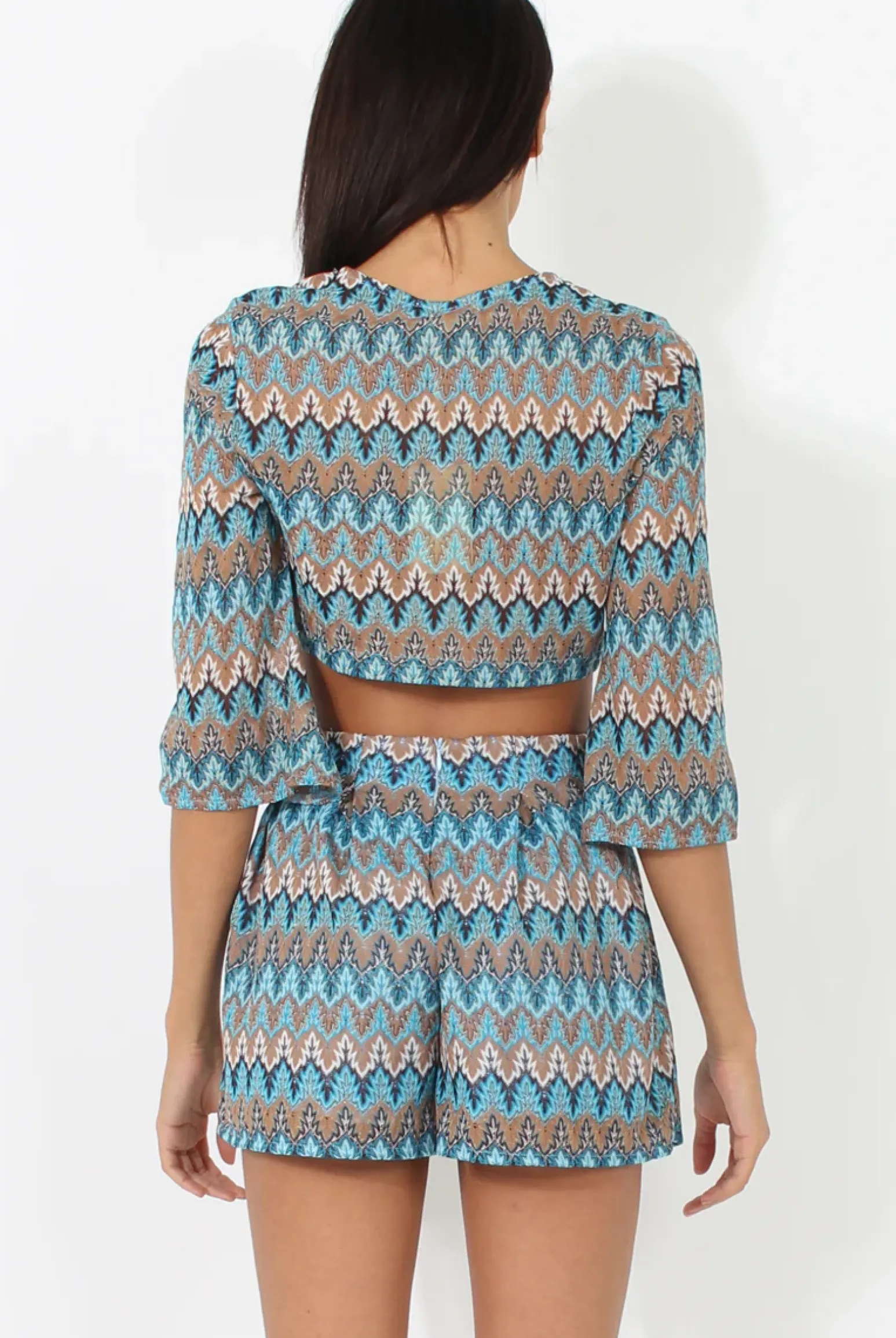 Rebellious Fashion Blue Zig Zag Crochet Tie Front Co-ord - Adele