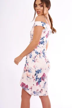 Rebellious Fashion Blush Floral Cold Shoulder Wrap Midi Dress - Karoline