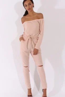 Rebellious Fashion Blush Bardot Split Knee Jumpsuit - Coran