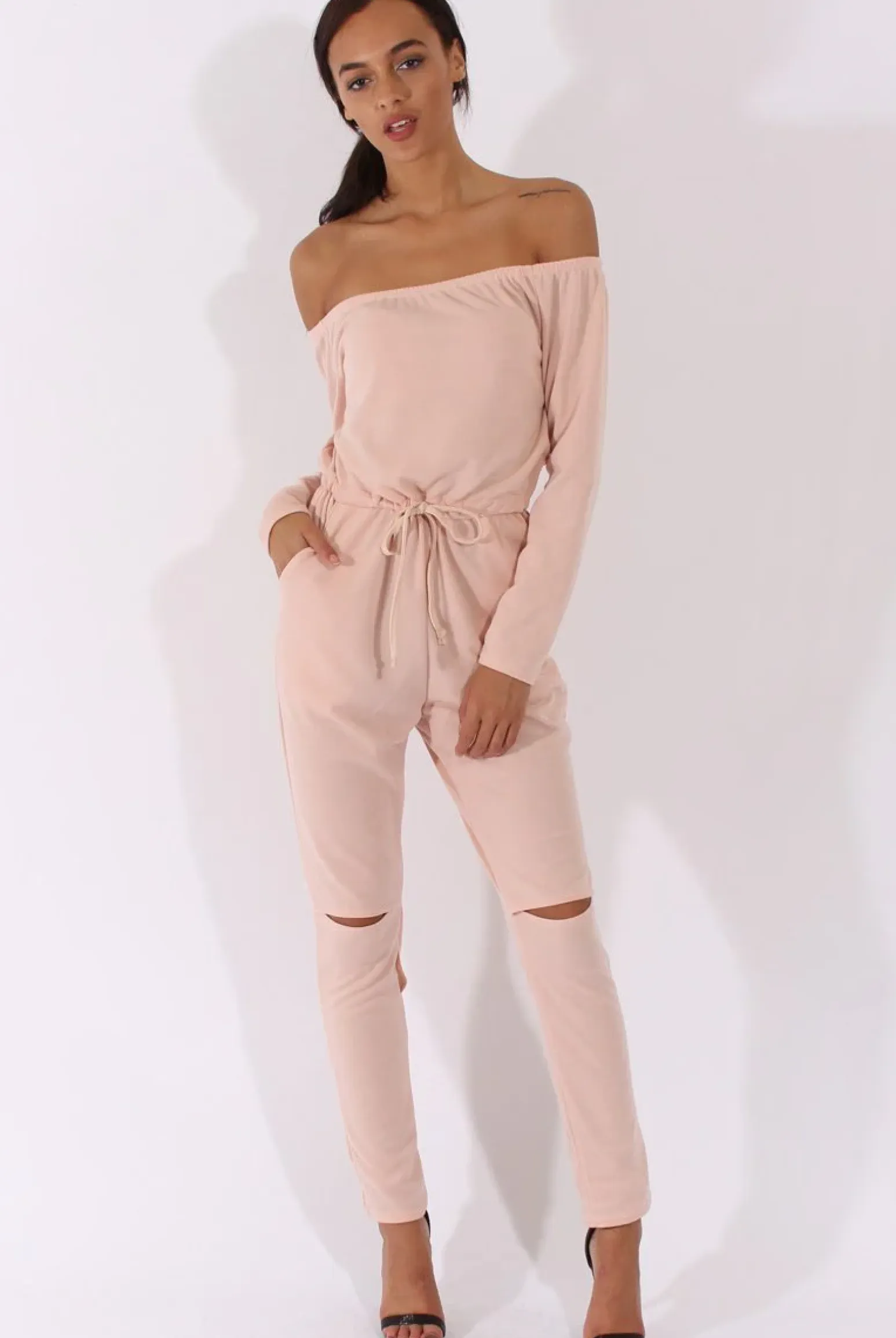 Rebellious Fashion Blush Bardot Split Knee Jumpsuit - Coran