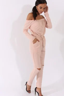 Rebellious Fashion Blush Bardot Split Knee Jumpsuit - Coran