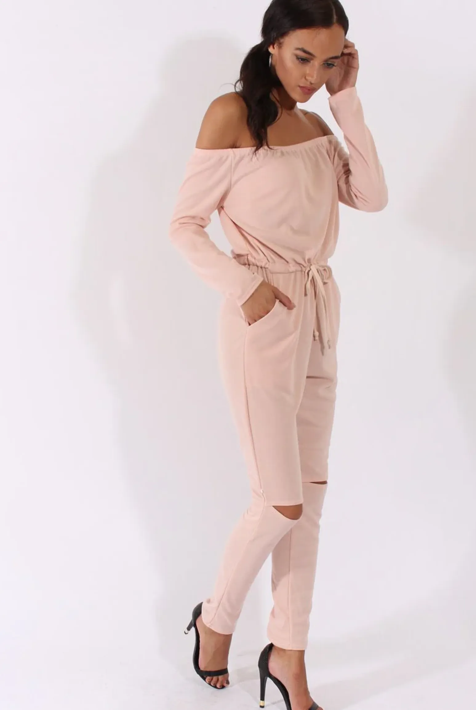 Rebellious Fashion Blush Bardot Split Knee Jumpsuit - Coran