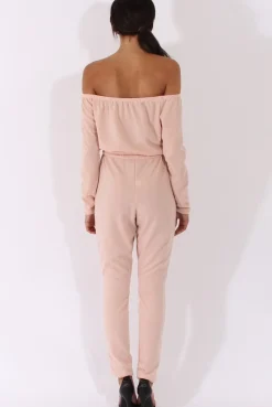 Rebellious Fashion Blush Bardot Split Knee Jumpsuit - Coran