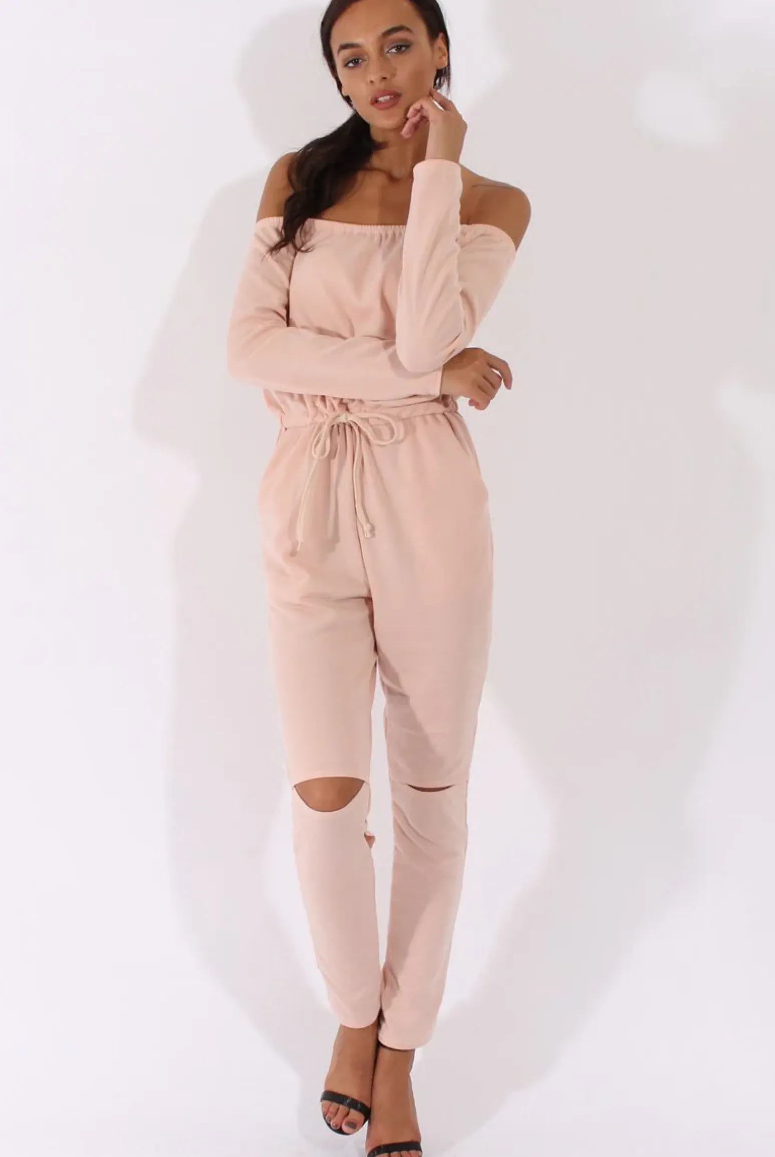 Rebellious Fashion Blush Bardot Split Knee Jumpsuit - Coran