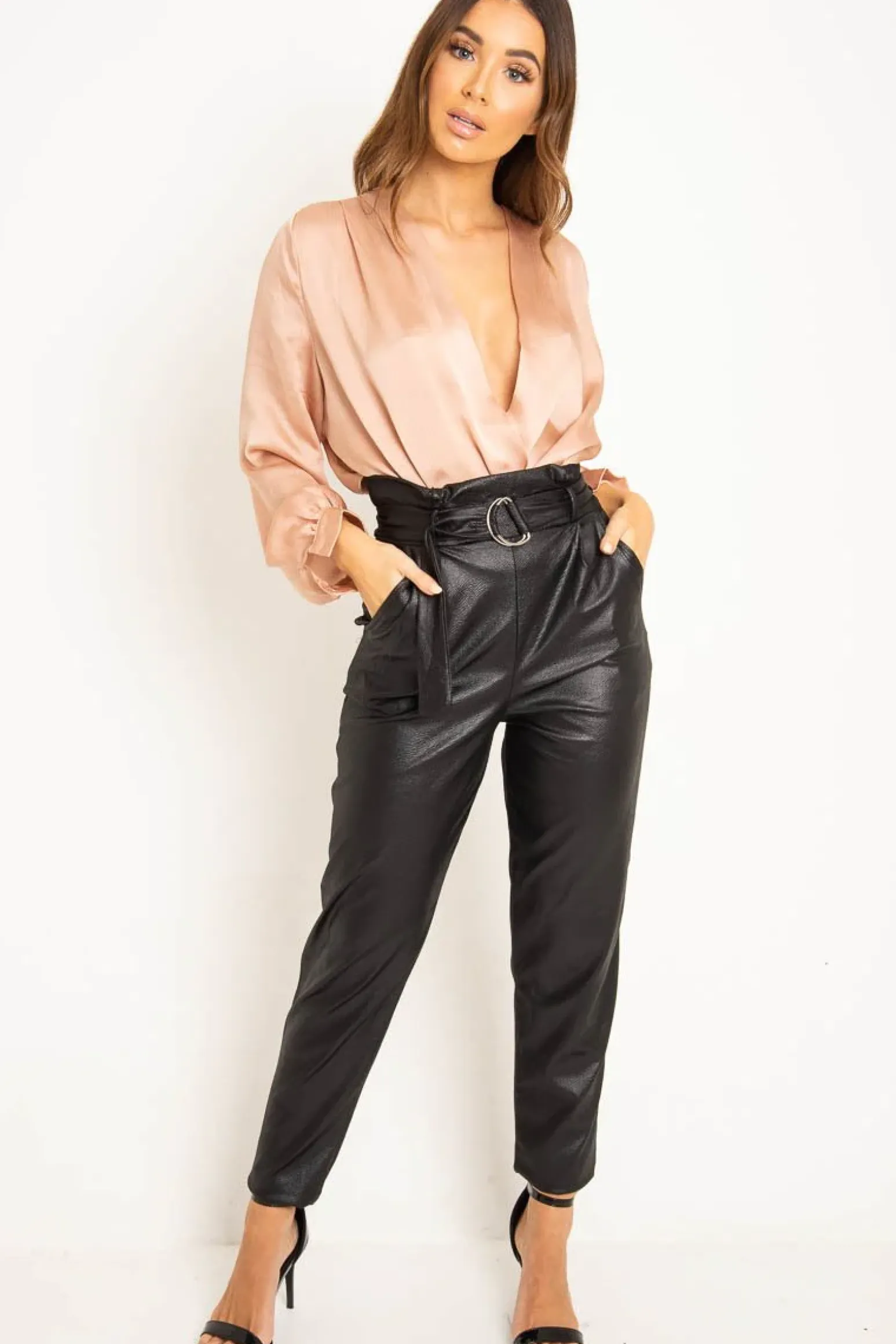 Rebellious Fashion Blush Chiffon Plunge Blouson Sleeve Bodysuit - Liah