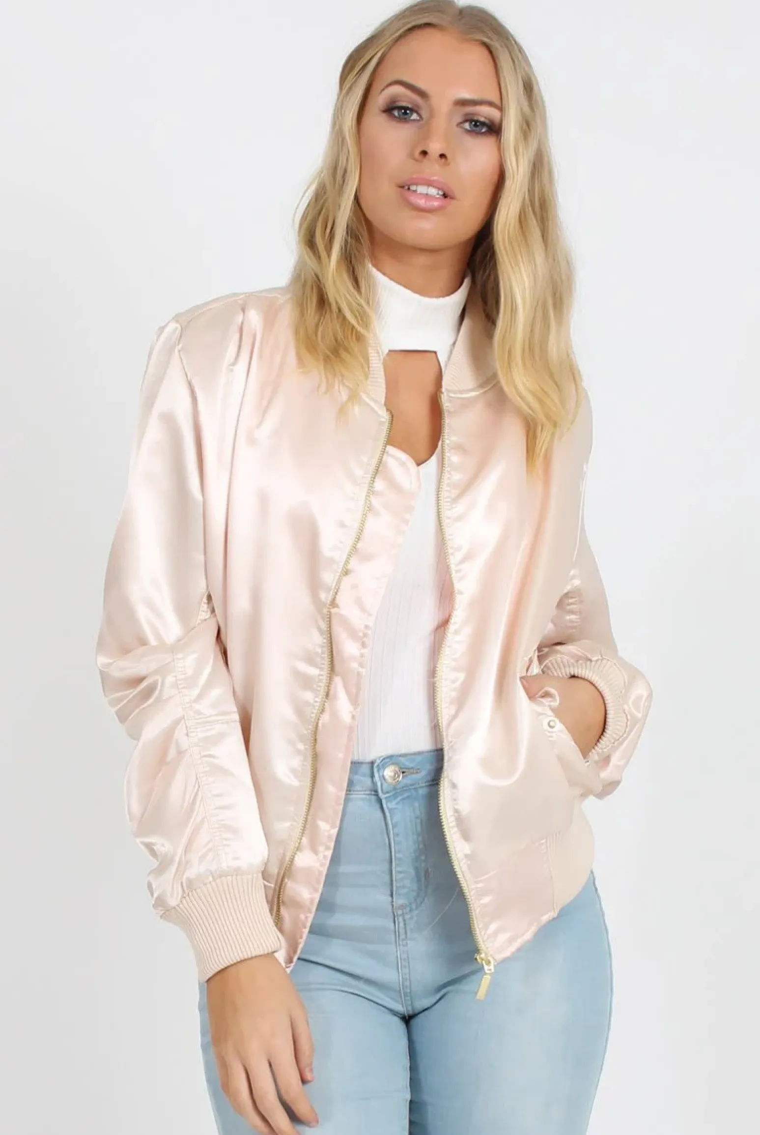 Rebellious Fashion Blush Satin Bomber Jacket - Neve