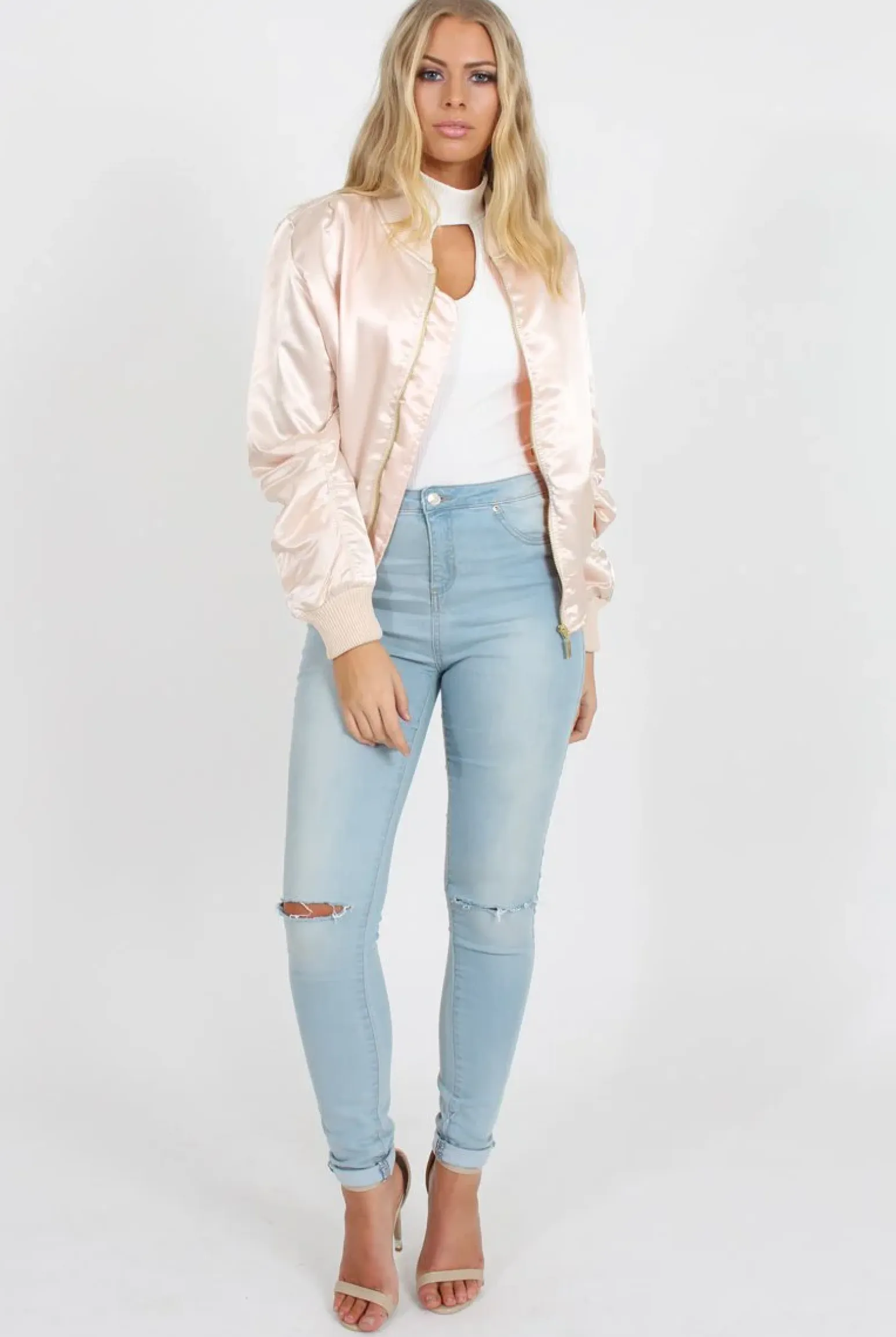 Rebellious Fashion Blush Satin Bomber Jacket - Neve