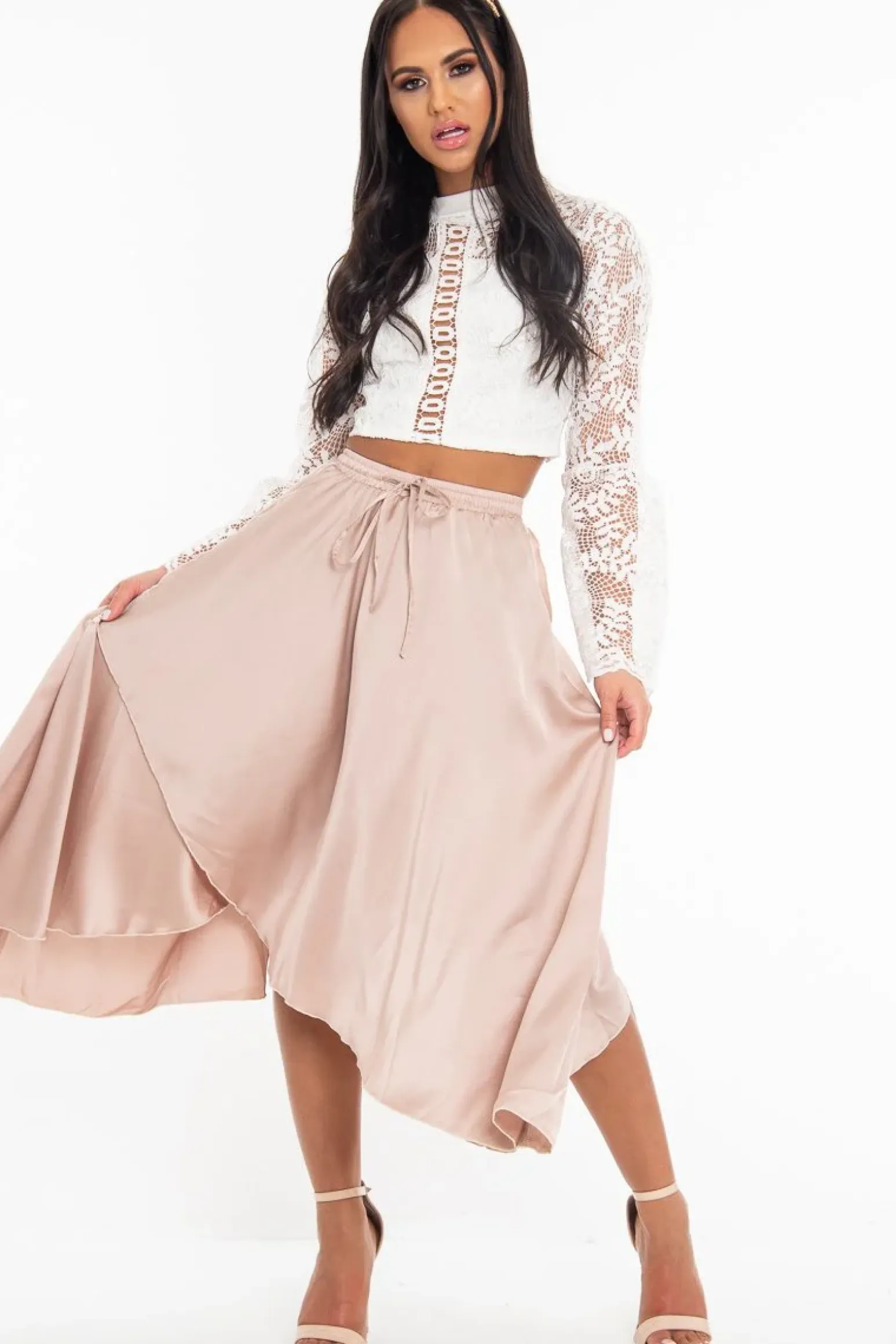 Rebellious Fashion Blush Satin Wrap Drawstring Waist Midi Skirt - Scarlett