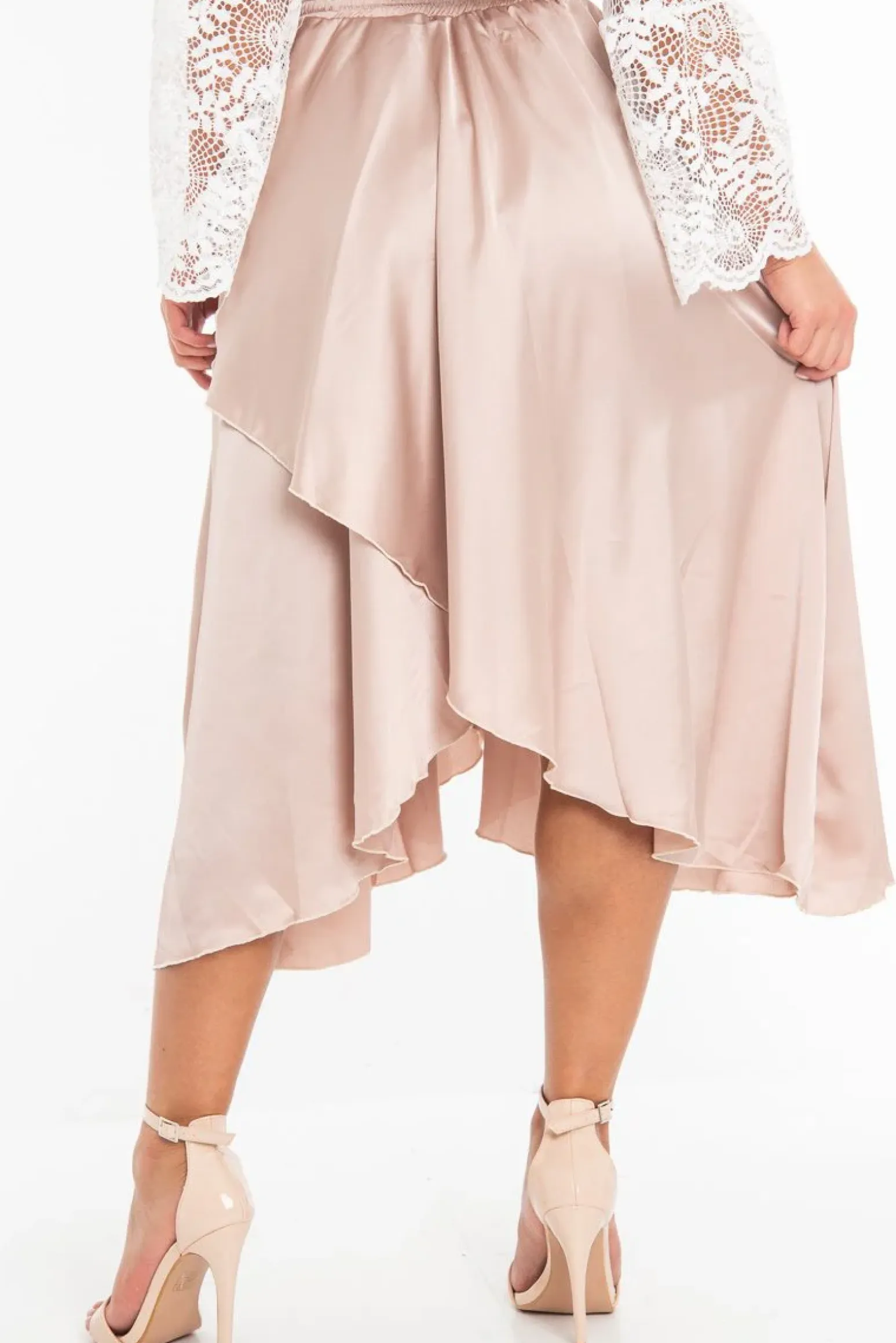 Rebellious Fashion Blush Satin Wrap Drawstring Waist Midi Skirt - Scarlett