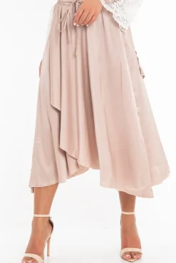 Rebellious Fashion Blush Satin Wrap Drawstring Waist Midi Skirt - Scarlett