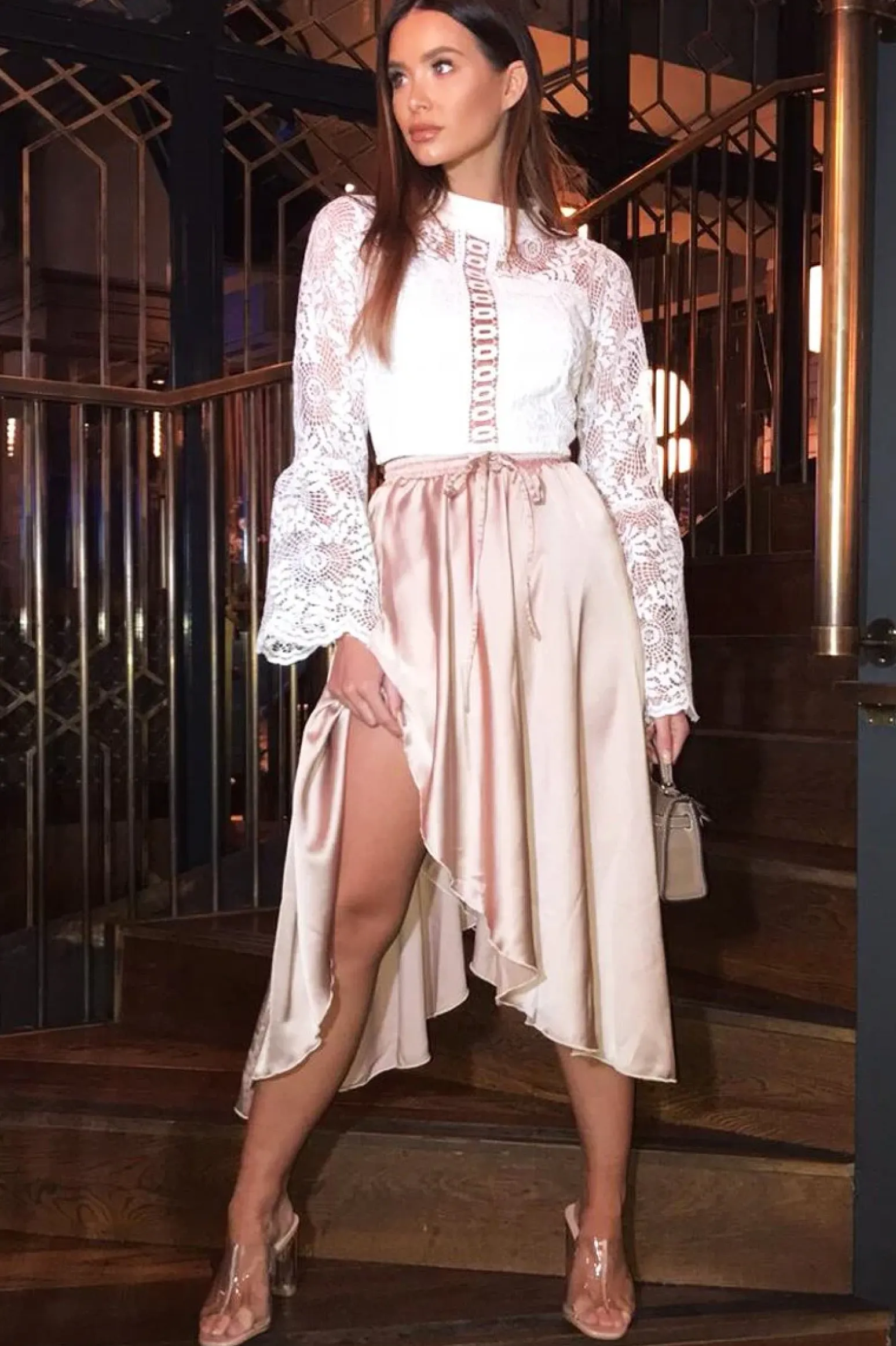 Rebellious Fashion Blush Satin Wrap Drawstring Waist Midi Skirt - Scarlett