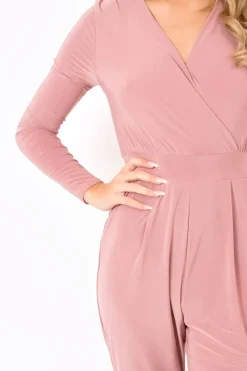 Rebellious Fashion Blush Wrap Front Long Sleeved Slinky Jumpsuit - Kendal