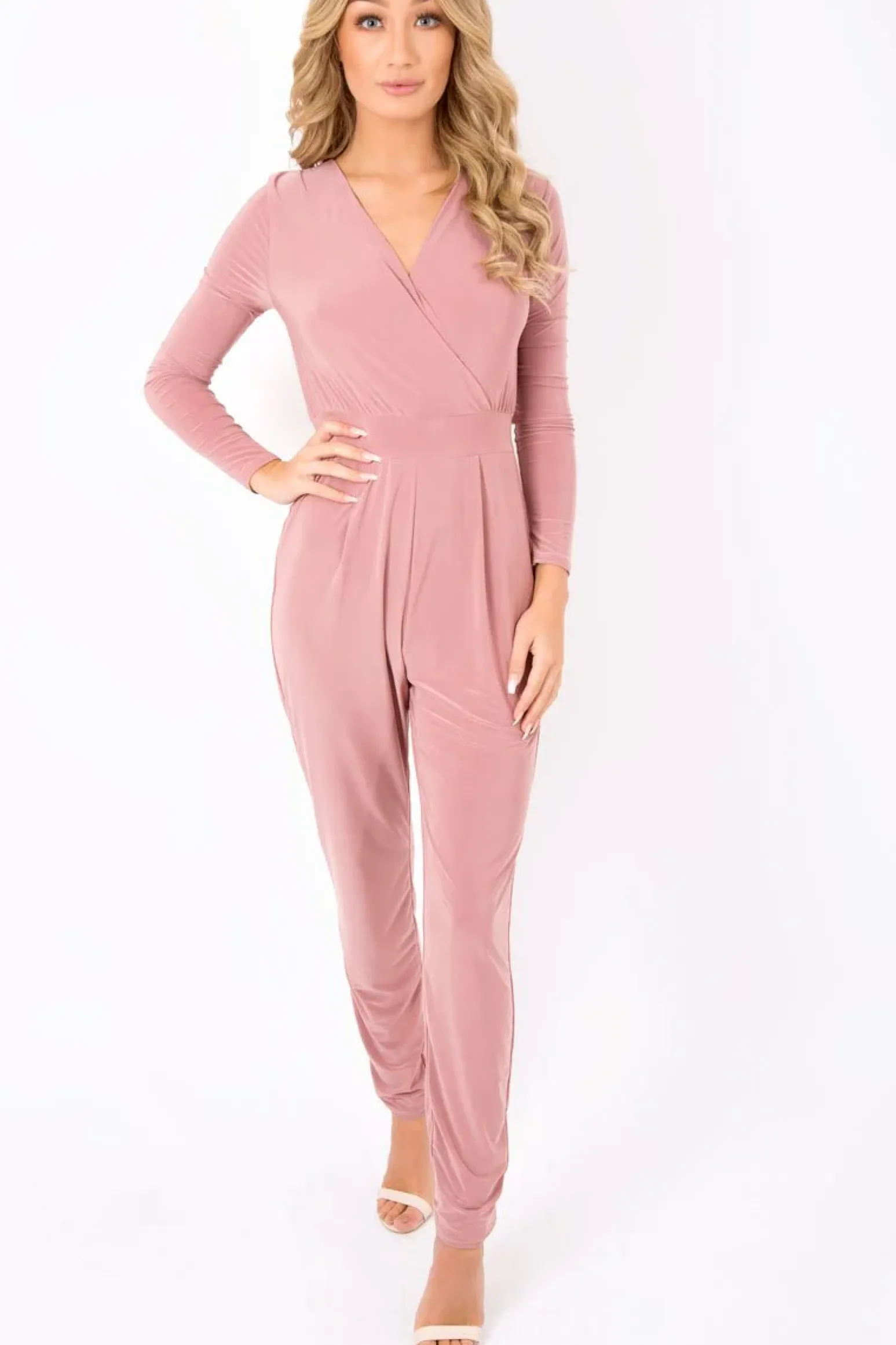 Rebellious Fashion Blush Wrap Front Long Sleeved Slinky Jumpsuit - Kendal
