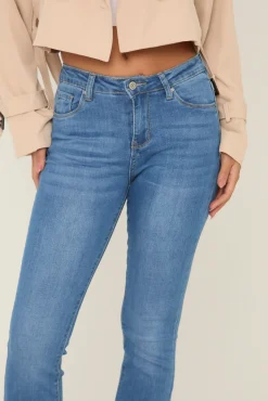 Rebellious Fashion Bright Blue Stretch Mid Waist Kick Flare Denim Jeans - Aspen