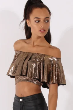 Rebellious Fashion Bronze Metallic Bardot Frill Crop Top - Ariana