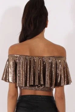 Rebellious Fashion Bronze Metallic Bardot Frill Crop Top - Ariana