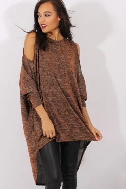 Rebellious Fashion Bronze Metallic Cold Shoulder Dipped Hem Sweater - Rosi