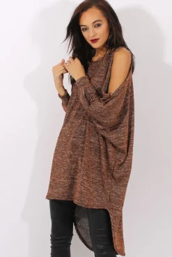 Rebellious Fashion Bronze Metallic Cold Shoulder Dipped Hem Sweater - Rosi
