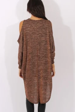 Rebellious Fashion Bronze Metallic Cold Shoulder Dipped Hem Sweater - Rosi
