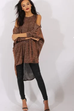 Rebellious Fashion Bronze Metallic Cold Shoulder Dipped Hem Sweater - Rosi
