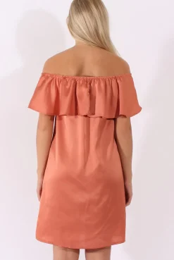 Rebellious Fashion Bronze Satin Bardot Frill Dress - Alura