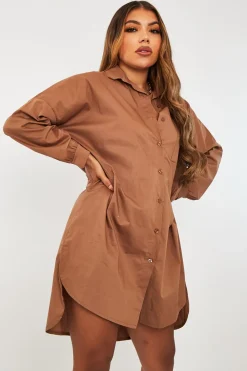 Rebellious Fashion Brown Dipped Hem Oversized Shirt Dress - Nicola