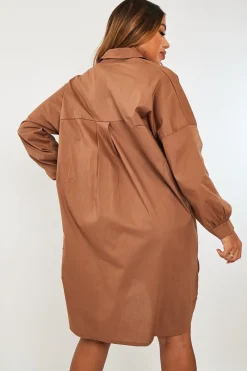 Rebellious Fashion Brown Dipped Hem Oversized Shirt Dress - Nicola