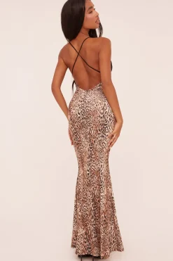 Rebellious Fashion Brown Lace Trim Leopard Print Maxi Dress - Lelia