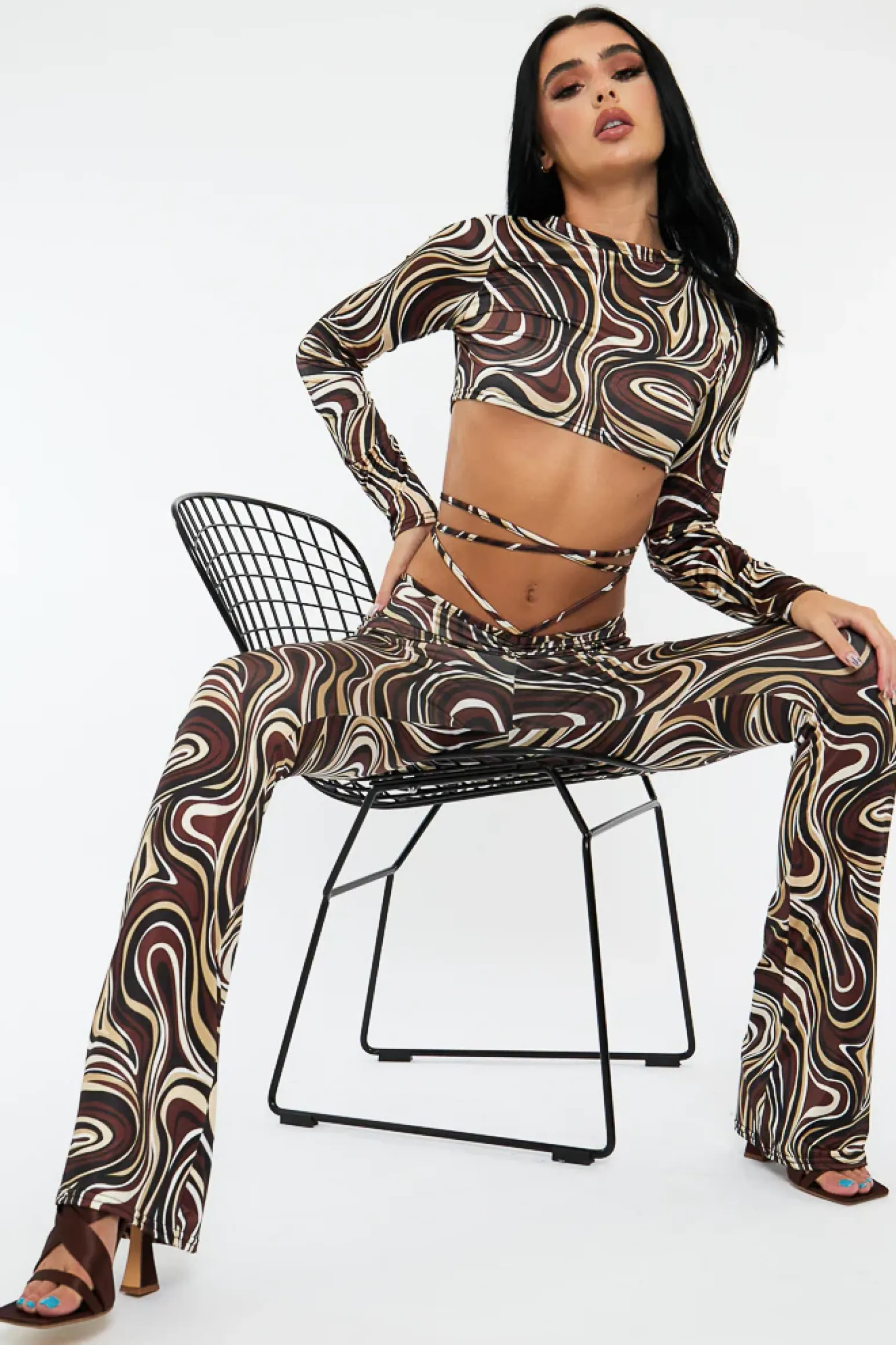 Rebellious Fashion Brown Marble Print Crop Top & Tie Waist Trouser Set - Stevii