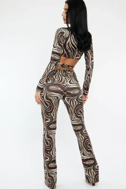 Rebellious Fashion Brown Marble Print Crop Top & Tie Waist Trouser Set - Stevii