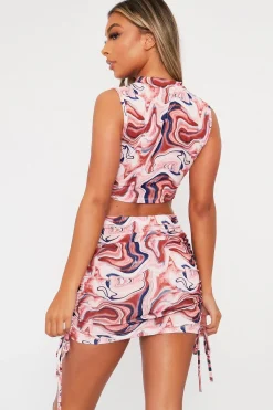 Rebellious Fashion Brown Marble Print Crop Top & Side Ruched Skirt Set - Cole
