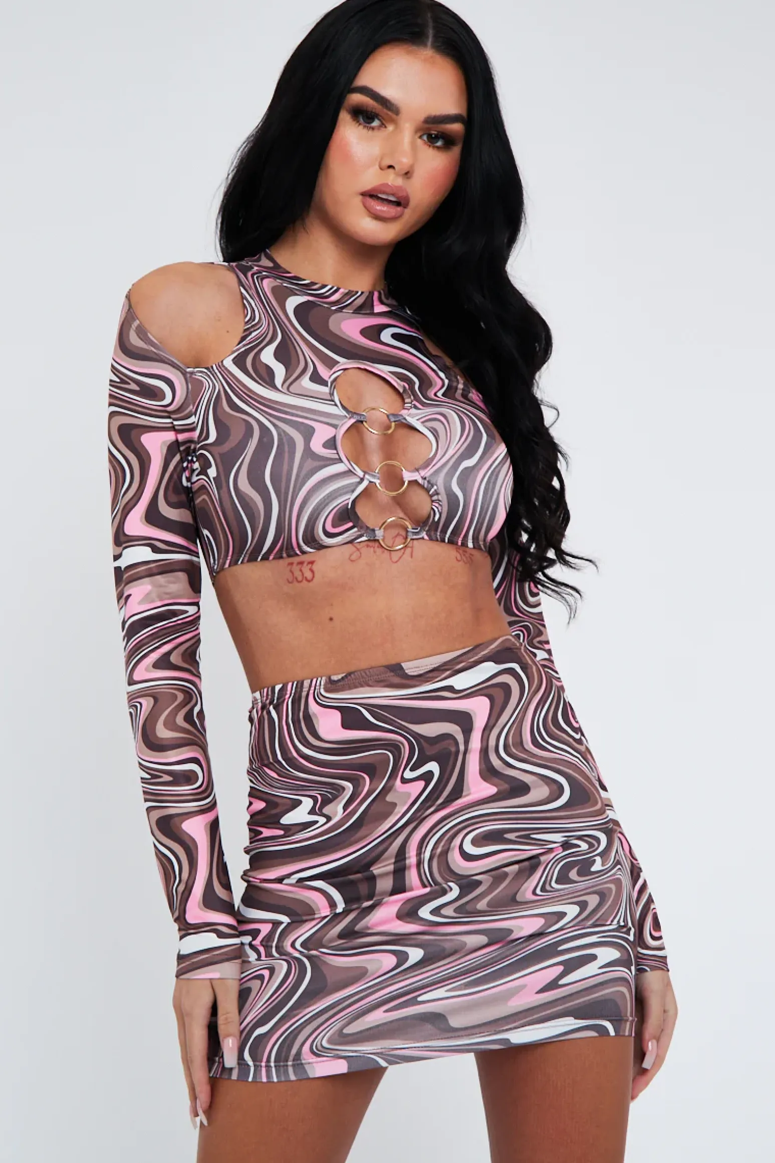 Rebellious Fashion Brown Marble Print Cut Out Crop Top & Mini Skirt - Louie