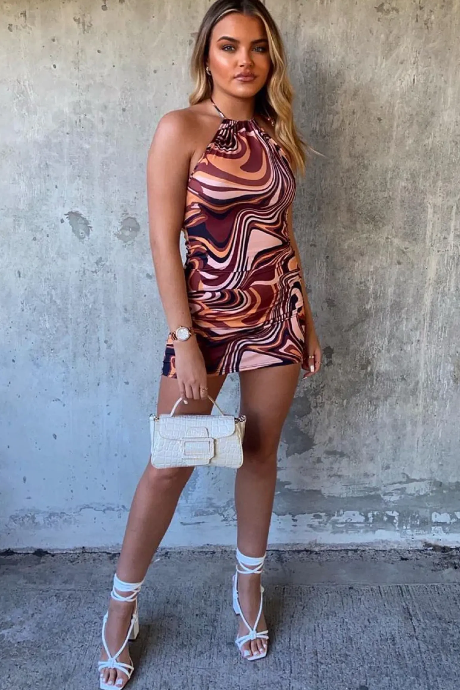 Rebellious Fashion Brown Marble Print Halter Neck Mini Dress - Raeli