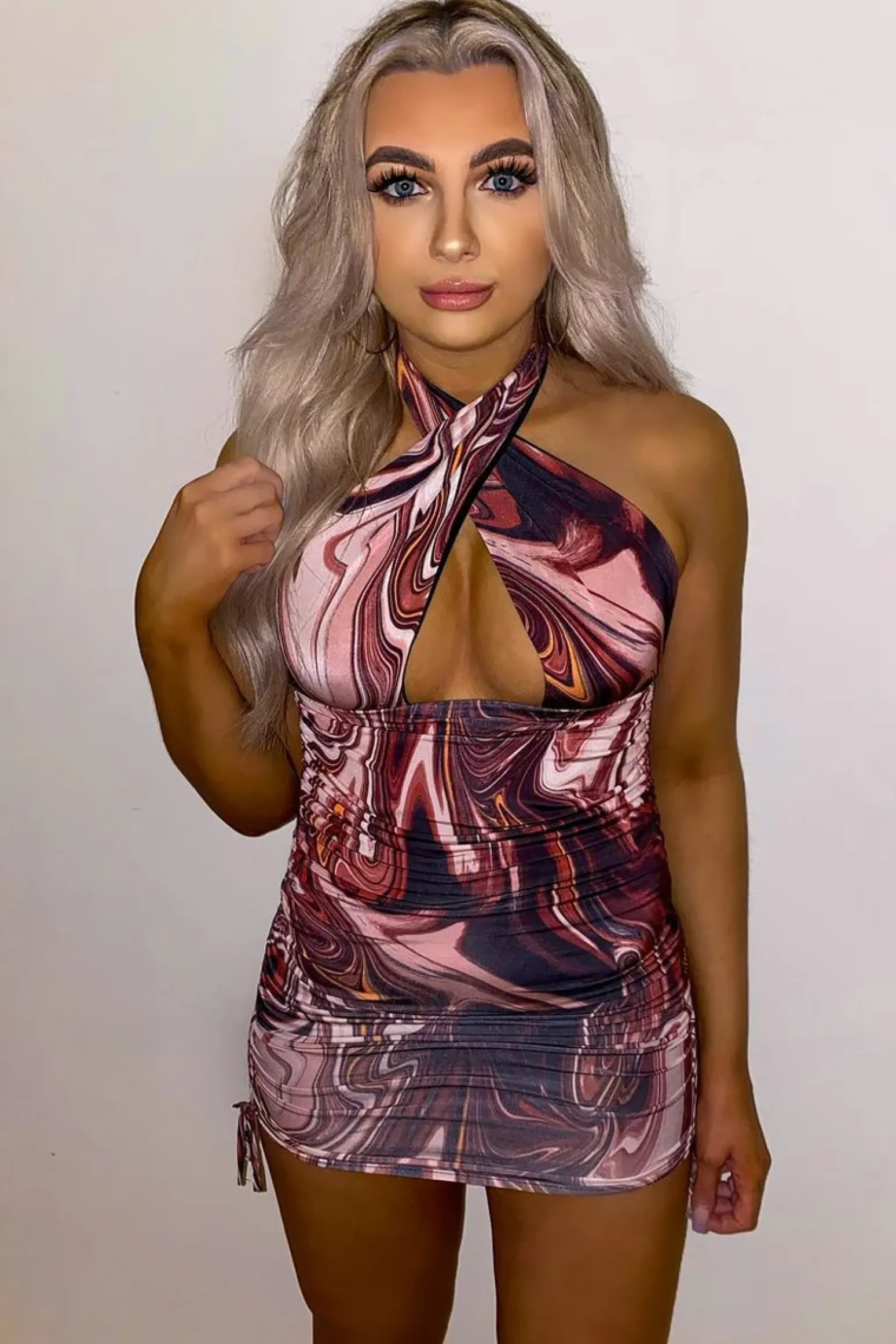 Rebellious Fashion Brown Marble Print Halter Neck Ruched Slinky Mini Dress - Mabell