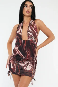 Rebellious Fashion Brown Marble Print Halter Neck Ruched Slinky Mini Dress - Mabell