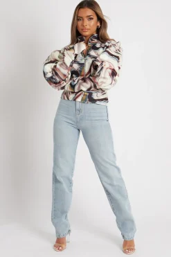 Rebellious Fashion Brown Marble Print Puff Shoulder Jacket - Keaton