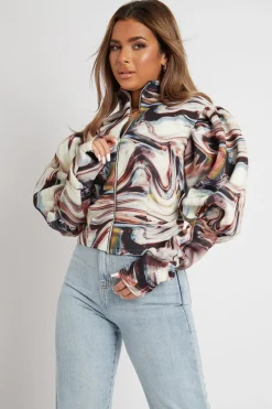 Rebellious Fashion Brown Marble Print Puff Shoulder Jacket - Keaton