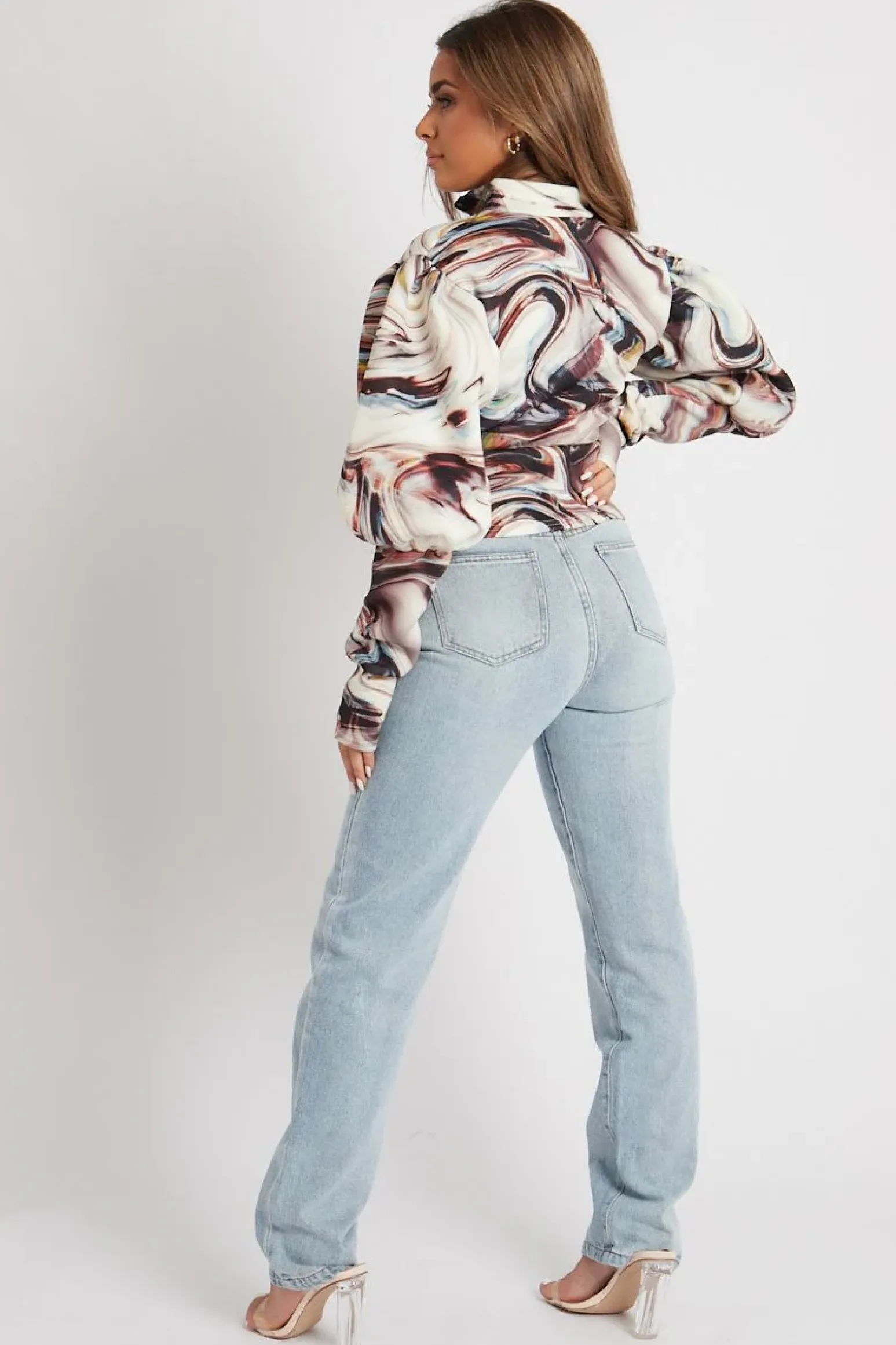 Rebellious Fashion Brown Marble Print Puff Shoulder Jacket - Keaton