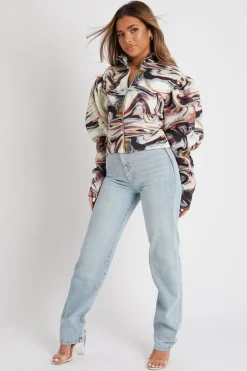 Rebellious Fashion Brown Marble Print Puff Shoulder Jacket - Keaton