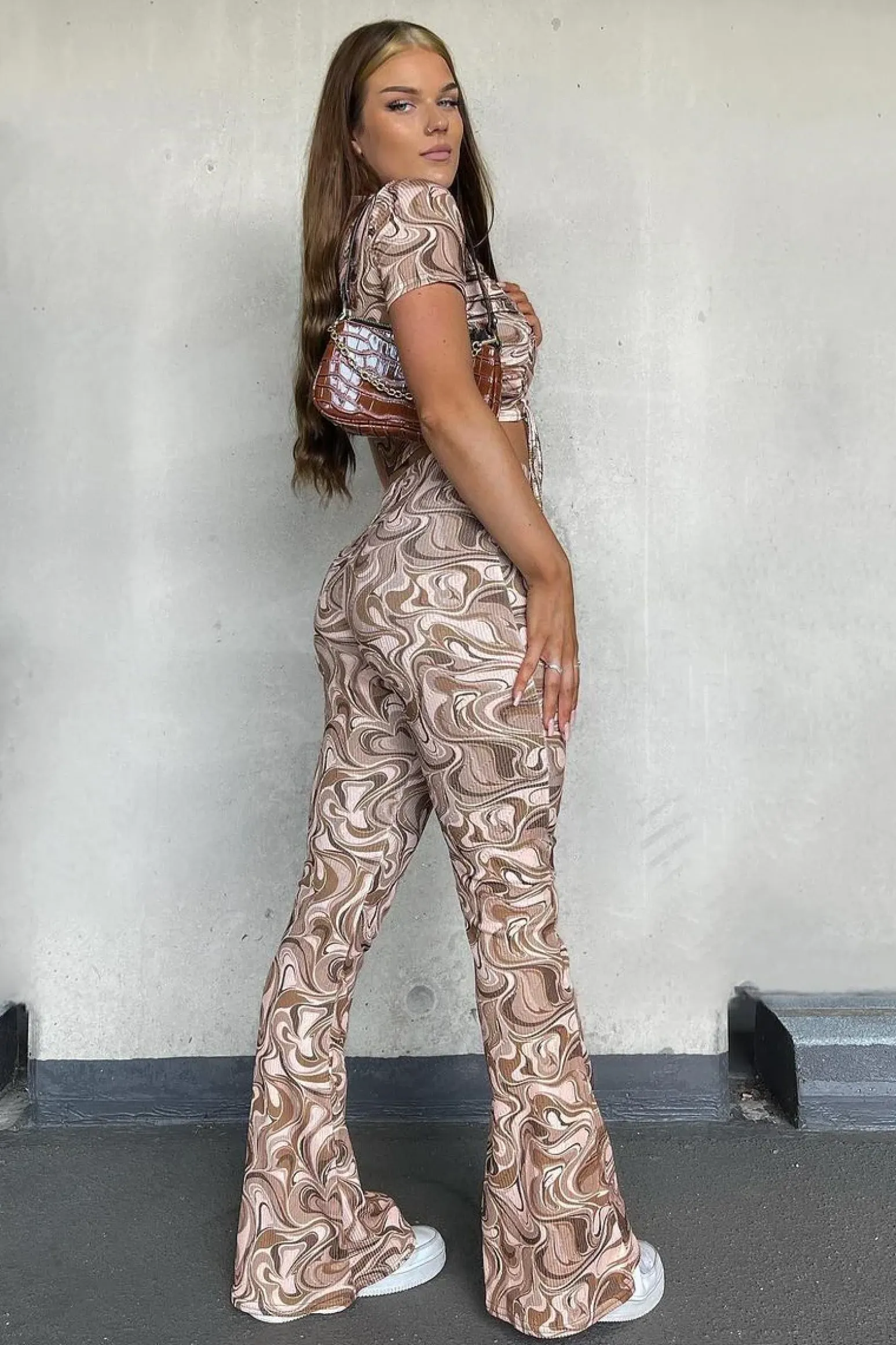 Rebellious Fashion Brown Marble Print Ribbed Set - Mansi