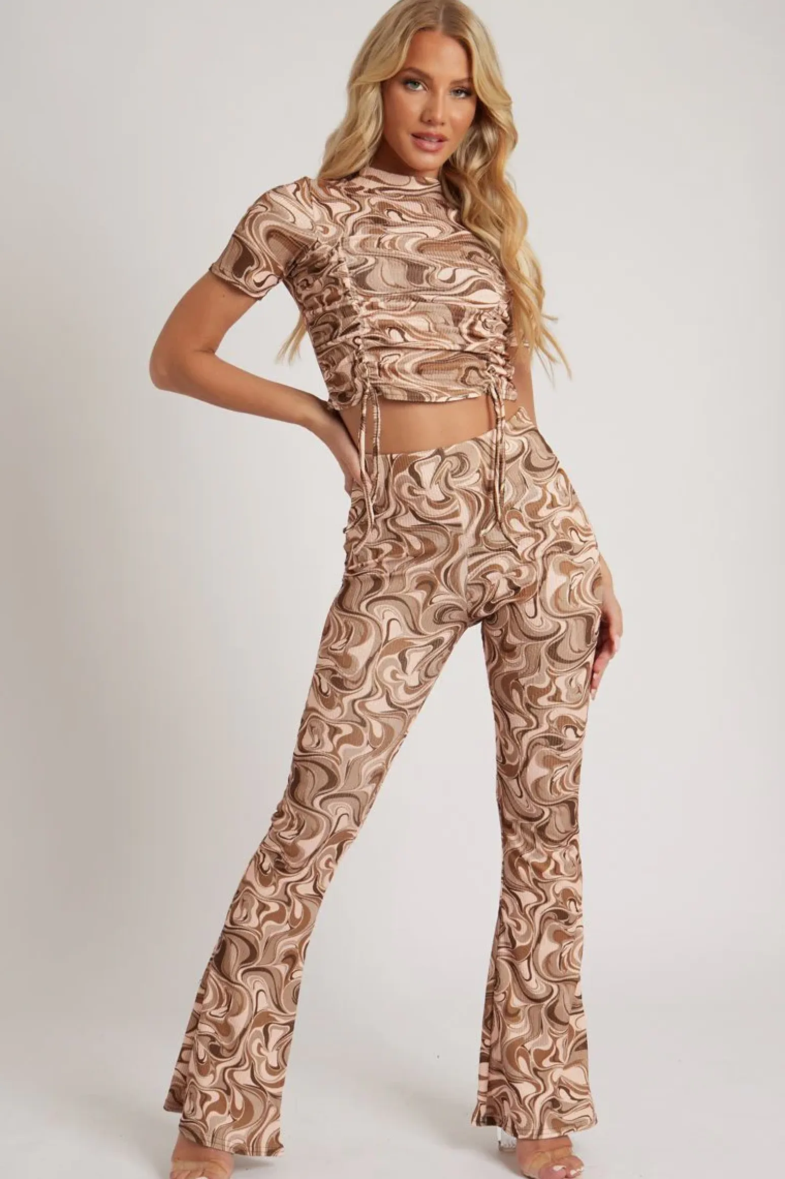 Rebellious Fashion Brown Marble Print Ribbed Set - Mansi