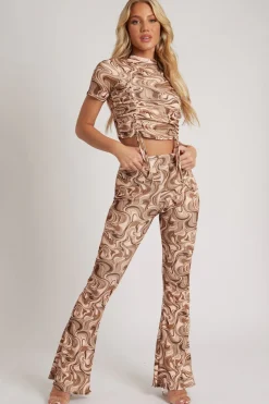 Rebellious Fashion Brown Marble Print Ribbed Set - Mansi