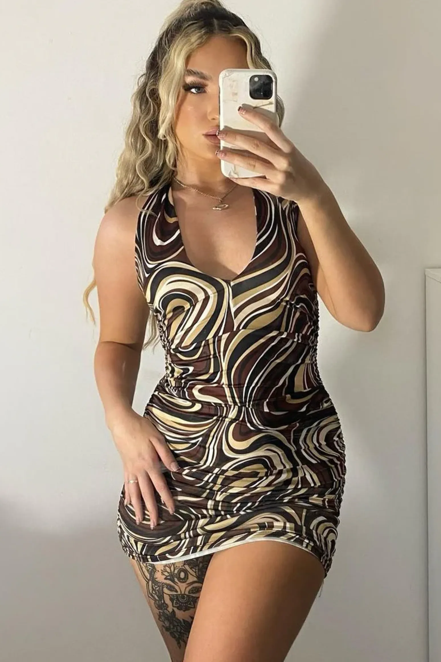 Rebellious Fashion Brown Marble Print Ring Back Mini Dress - Shyla
