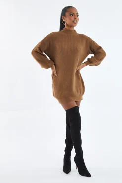 Rebellious Fashion Brown Oversized Knit Jumper Dress - Inez