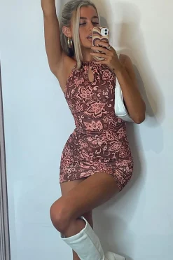 Rebellious Fashion Brown Print Halter Neck Mini Dress - Taanvi