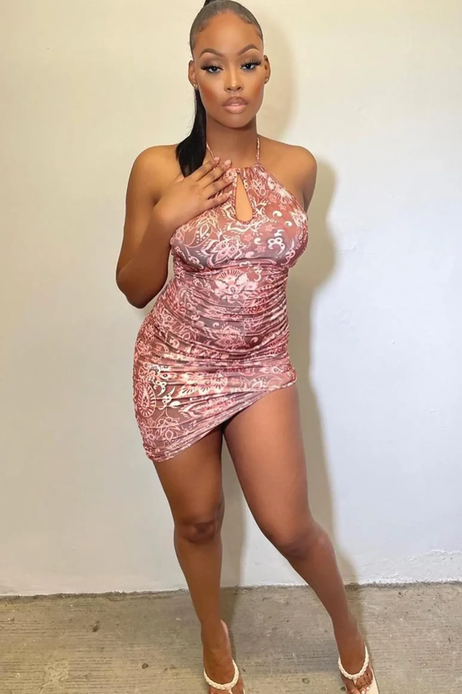 Rebellious Fashion Brown Print Halter Neck Mini Dress - Taanvi