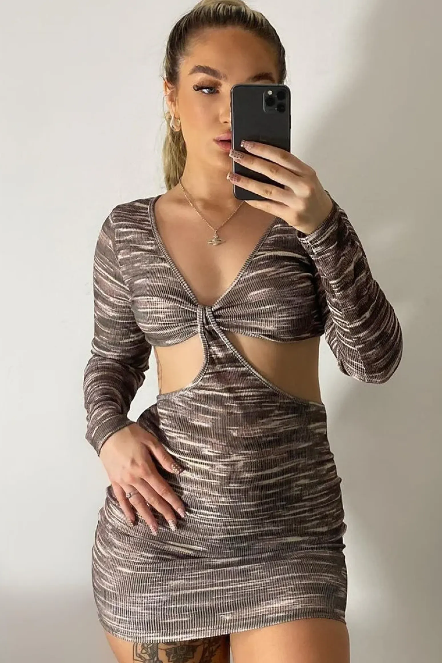 Rebellious Fashion Brown Printed Cut Out Ribbed Mini Dress - Larra