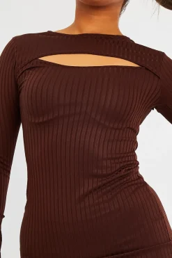 Rebellious Fashion Brown Ribbed Cut Out Mini Dress - Ayana
