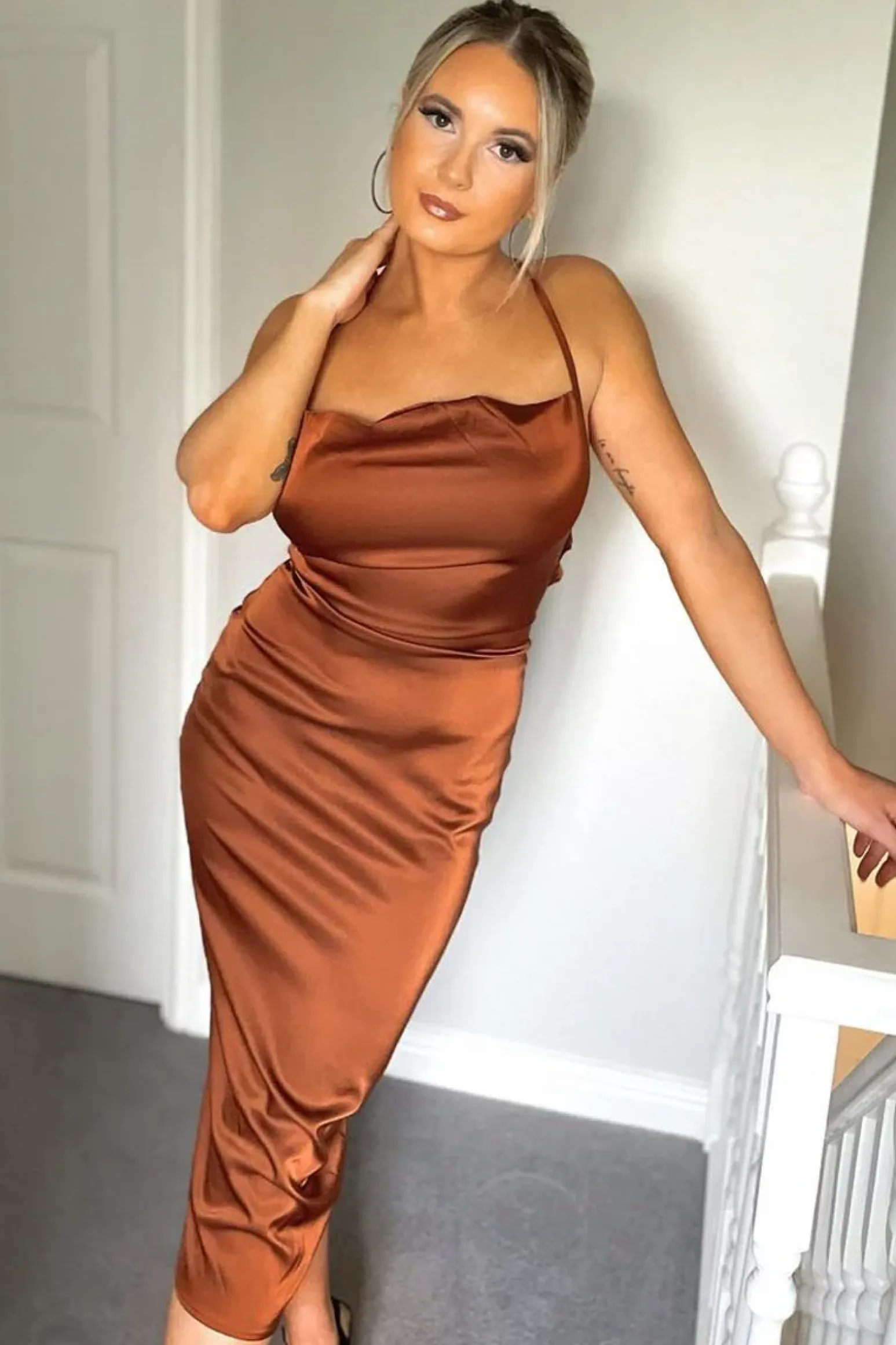 Rebellious Fashion Brown Satin Cowl Neck Midi Bodycon Dress - Liliana