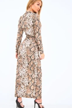 Rebellious Fashion Brown Snake Print Plunge Wrap Front Maxi Dress - Beni